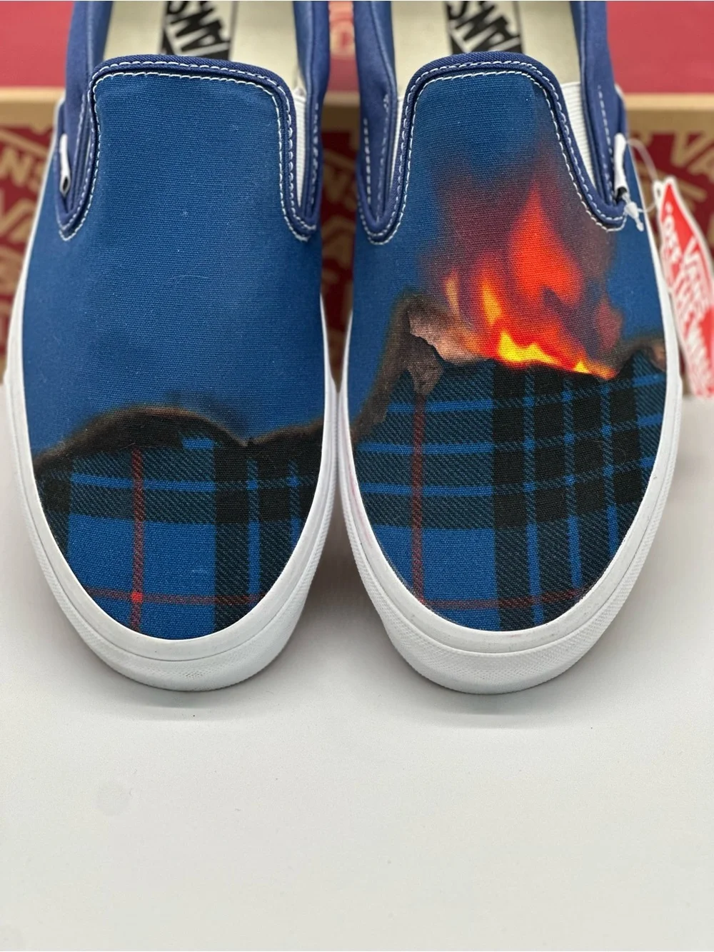 Vans Blue Plaid Slip-On Sneakers with Orange Accent